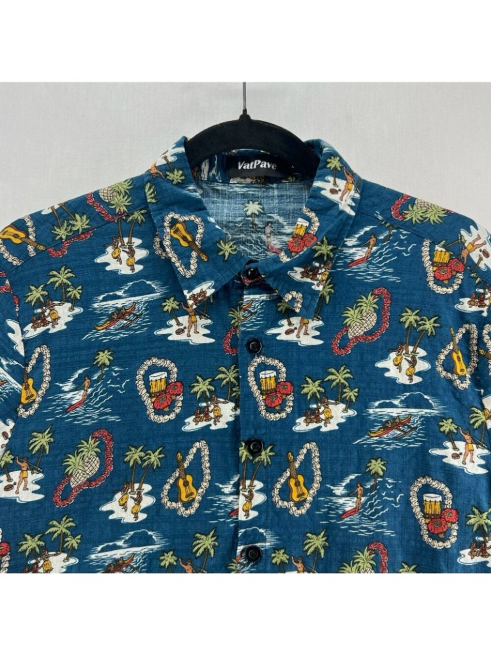 VatPave Hawaiian Print Shirt Men S Cotton Viscose Short Sleeve Casual Aloha Blue - Picture 5 of 13